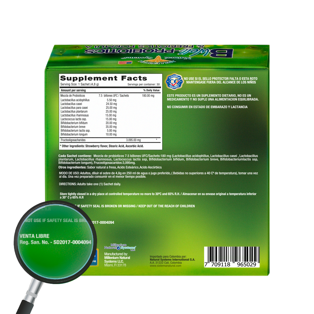 Parte trasera de la caja Bwell Probiotics & Prebiotics Formula de Millenium Natural Systems con tabla Supplement Facts, ingredientes, modo de uso, advertencias, registro sanitario INVIMA y código de barras en empaque verde.