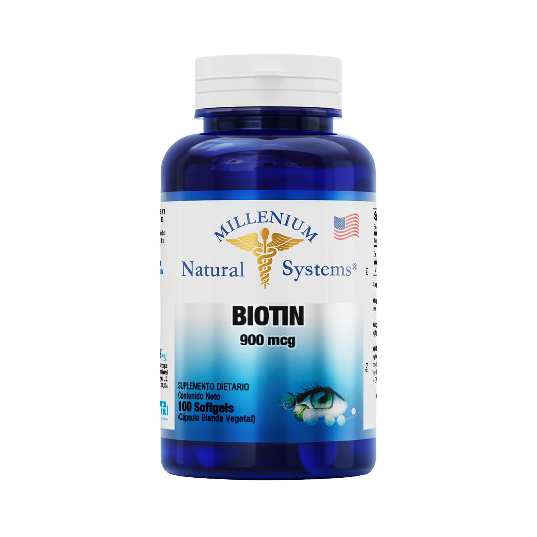 Frasco azul con tapa blanca de suplementos dietarios tiene una etiqueta blanca con metalizado del producto Biotin 900 mcg x 100 Softgels, de la marca Millenium Natural Systems con fondo blanco plano