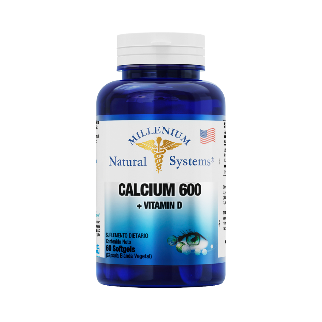 Frasco azul con tapa blanca de suplementos dietarios tiene una etiqueta blanca con metalizado del producto Calcium 600 + Vitamin D x 60 Softgels, de la marca Millenium Natural Systems con fondo blanco plano