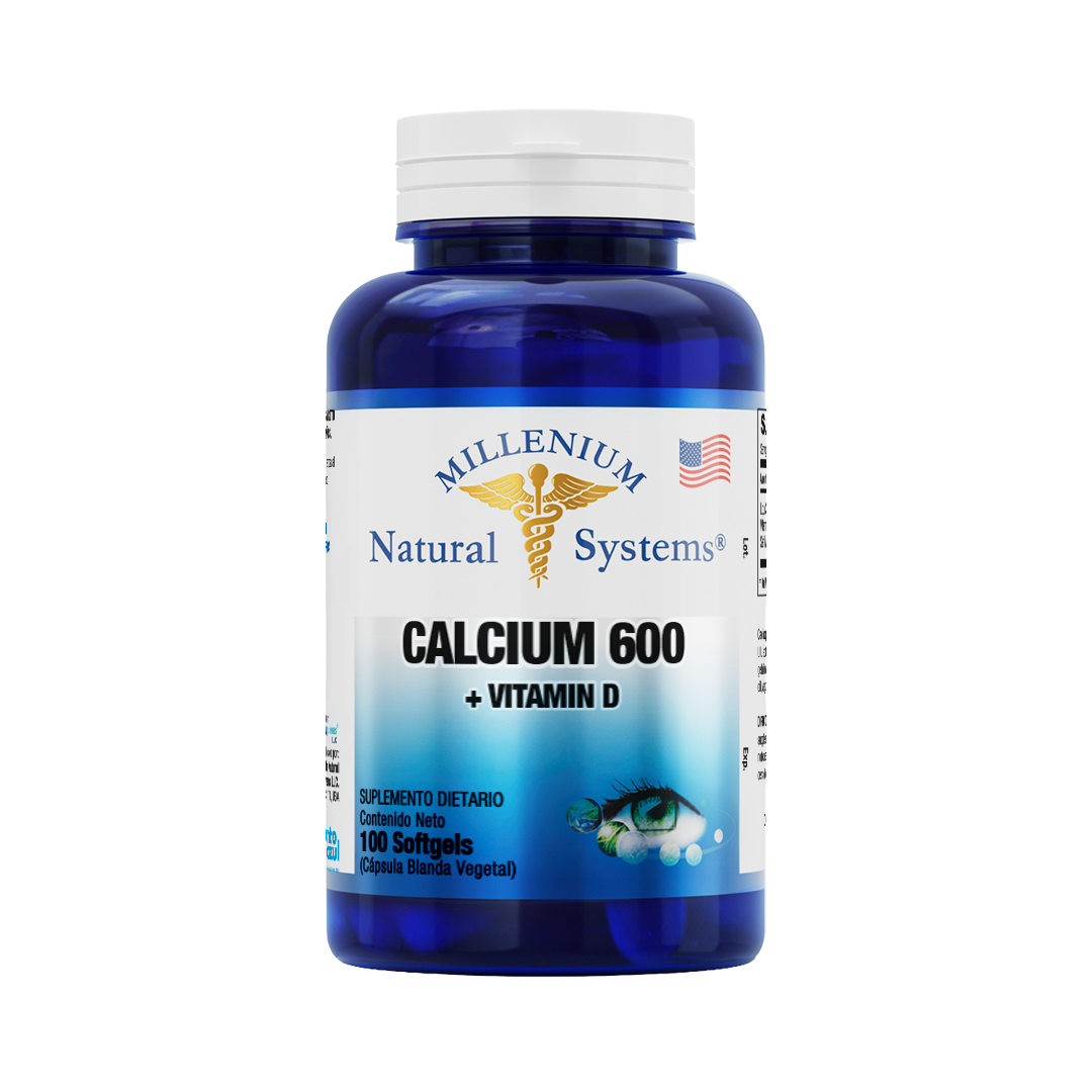 Frasco azul con tapa blanca de suplementos dietarios tiene una etiqueta blanca con metalizado del producto Calcium 600 + Vitamin D x 100 Softgels, de la marca Millenium Natural Systems con fondo blanco plano