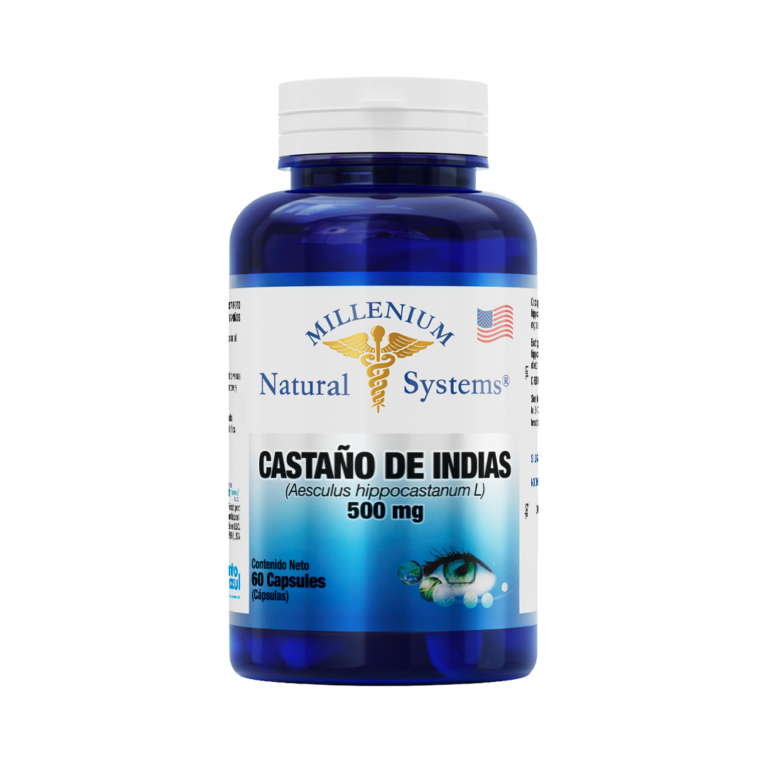 Frasco azul con tapa blanca de suplementos dietarios tiene una etiqueta blanca con metalizado del producto Castaño De Indias 500 mg x 60 Cápsulas , de la marca Millenium Natural Systems con fondo blanco plano