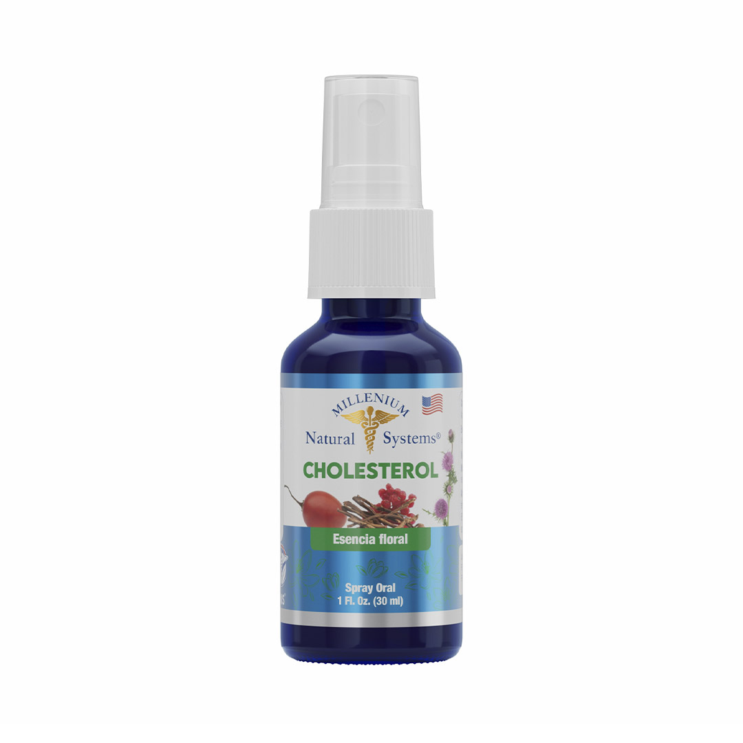 Esencia floral Cholesterol x 30 ml Millenium Natural Systems, Frasco de vidrio azul de Esencia Floral, presentación de 1 Fl Oz (30 ml) con aplicador de spray oral y etiqueta con ilustraciones botánicas.